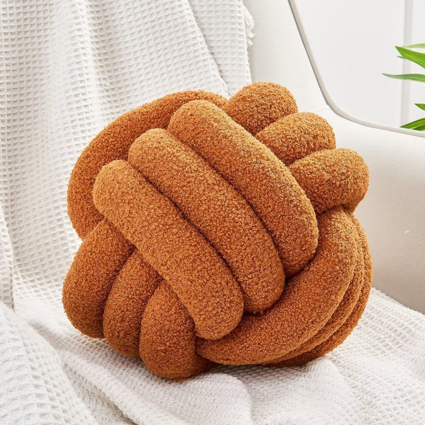 Uvvyui Knot Pillow Ball Soft Home Decorative Pillows Round Throw Pillow Handmade Knotted Plush Pillow Round Boucle Pillow Cushion 11 Inches Caramel