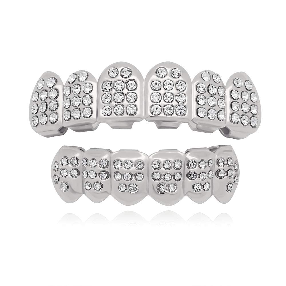 LuReen Silver 6 Teeth Grillz Hip Hop Joker Diamond Top & Bottom Teeth Caps Grillz Set for Teeth Rapper Costume Cosplay