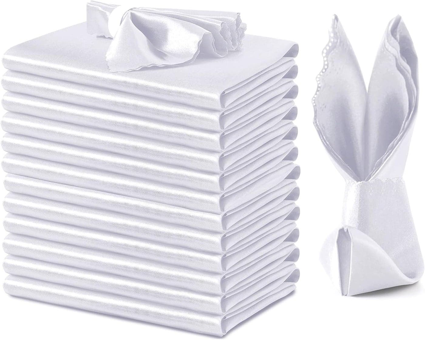 VACVELT 12 Pack White Satin Napkins 17x17 Inch Scalloped Dinner Napkins for Wedding Banquet Party