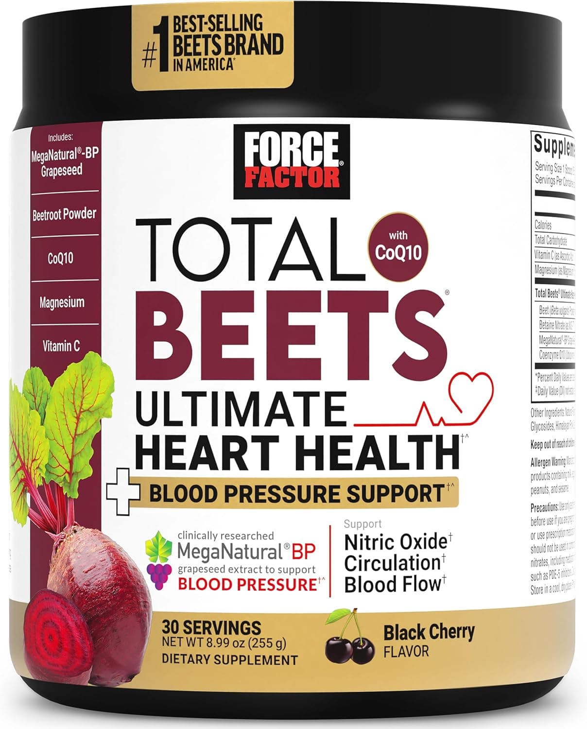 Force Factor Total Beets Ultimate Heart Health Blood Pressure Support with CoQ10 Beet Root Powder Grape Seed Extract Blood Pressure Supplement for Circulation Black Cherry 30 Servings