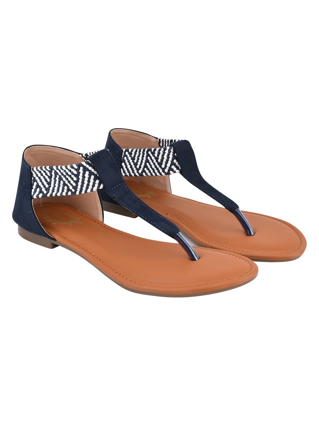 Shoetopia Women's Ethnic Style T-Strap Sandals –Blue Chevron Ankle Strap Flats for Casual & Festive Comfortable & Stylish Party EU42