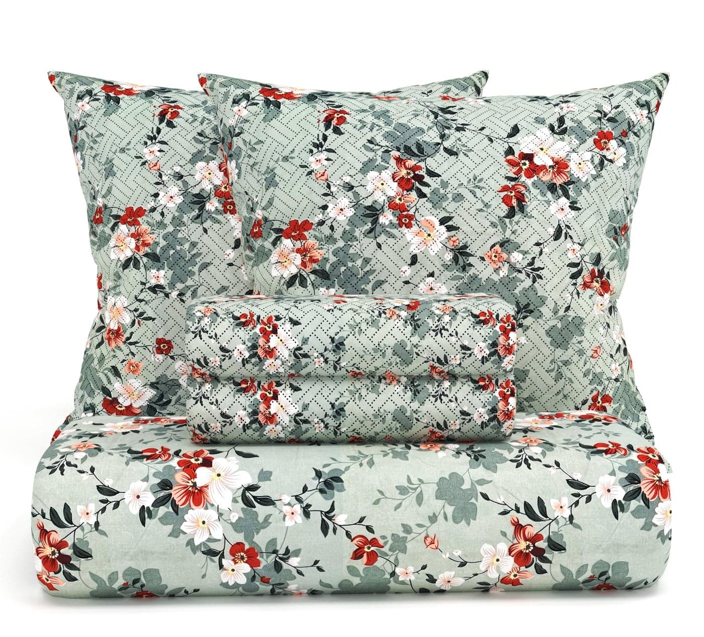 VAS COLLECTIONS 220 TC Cloud Cotton 5-Piece Bedding Set for Double Bed (90×100 Inches) | Bedsheet with 2 Quilted Cushion Covers (Zipper) & 2 Pillow Covers | Light Green, White & Red