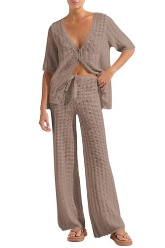 Imily Bela Women's Summer 2 Piece Swimsuit Cover up Crochet Knit Cardigan Tops Long Pants Set Bathing Suit Beach Outfit