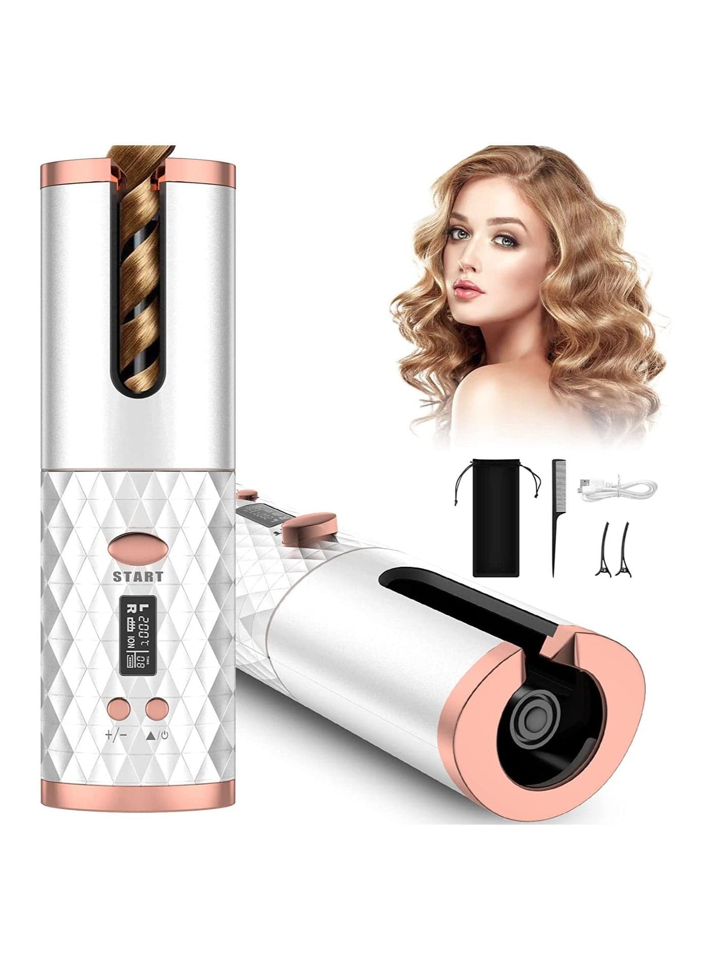 Automatic Curling Iron, Cordless Auto Hair Curler with 6 Temps, 11 Timers & LCD Display, Portable Rechargeable Ceramic Rotating Curling Wand, Wireless Beach Waves Iron Fast Heating for Hair Styling