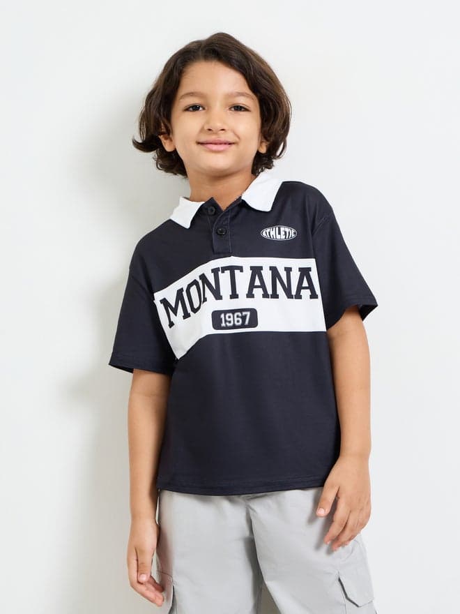 Styli Boys Oversized Text Printed Polo T-Shirt