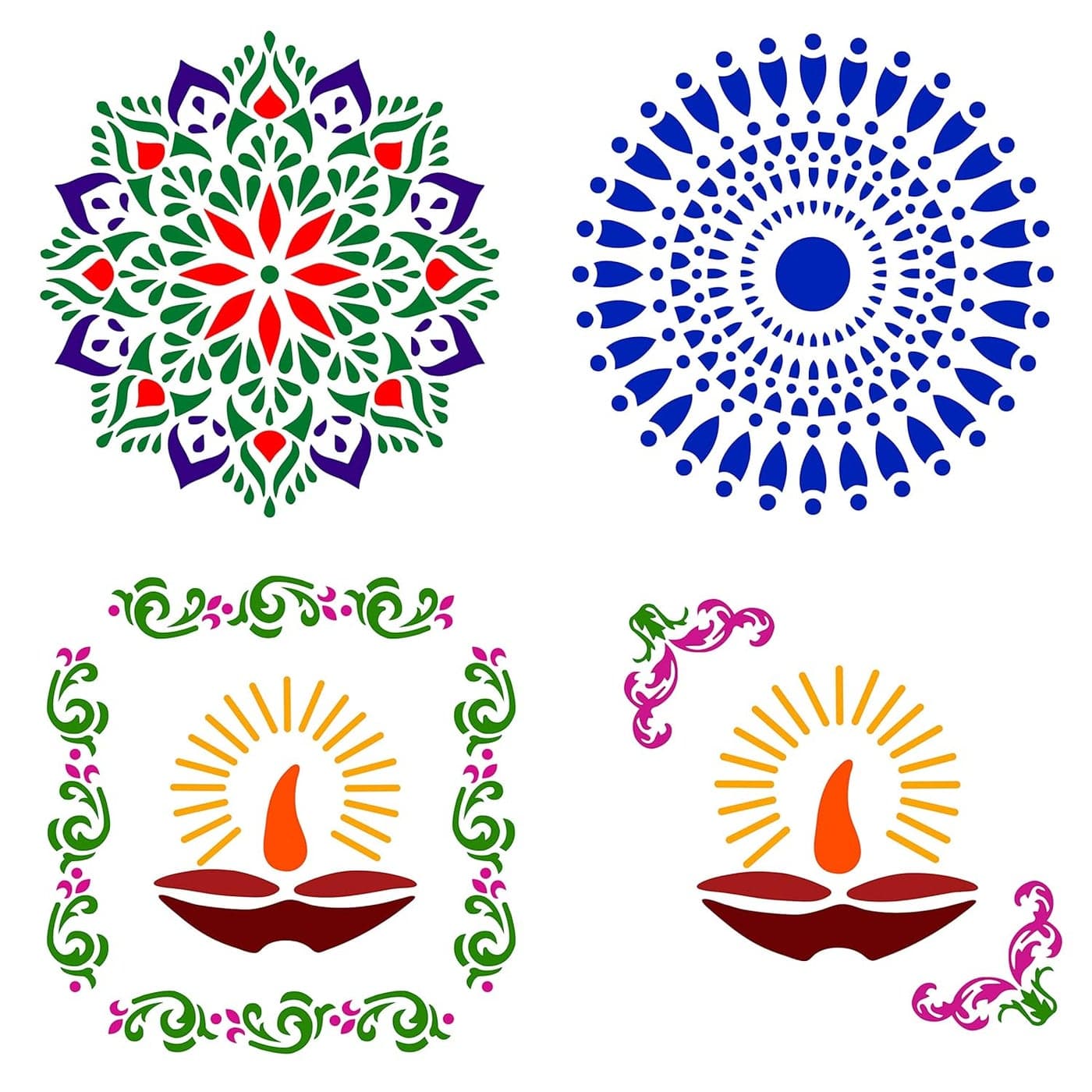 Solobolo Mandala Rangoli Stencil with 6 Rangoli Colours| Mandala Rangoli Stencil | Diwali Diya Rangoli Stencil | Corner Rangoli Stencil |Border Rangoli Stencil | Set of 5 | RN501