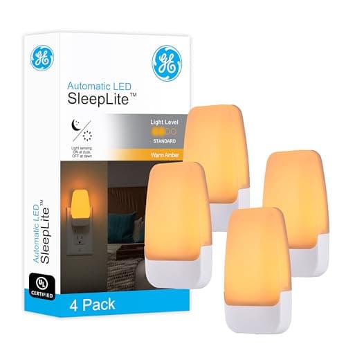 GE Sleeplite Night Lights Plug Into Wall, Dusk to Dawn Sensor, Ambient Lighting, Sleep Aid, Bathroom Décor, LED Lights for Bedroom, Apartment Essentials, Smart Home,86153, Amber, 4 Pack