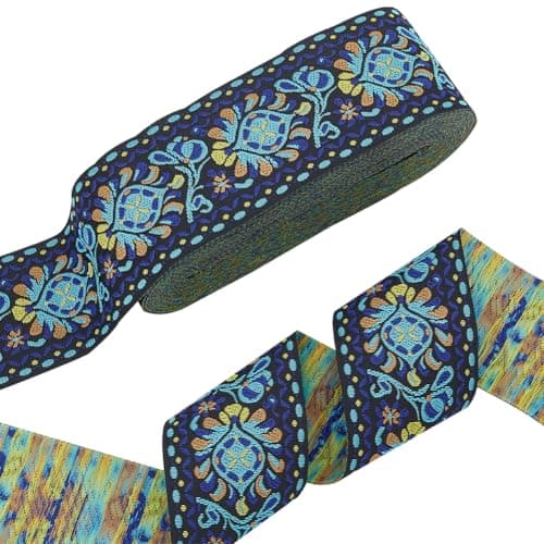 PH PandaHall 10 Yards Boho Jacquard Fabric Trim with Embroidered Flowers Blue 2 Inch Ethnic Style Floral Ribbon for Sewing Handmade Bag Strap Making DIY Clothing Decoration
