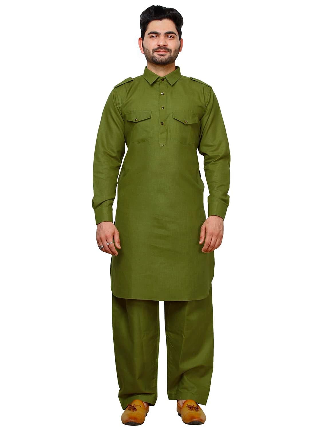 Pro-Ethic Style Developer Men Cotton Pathani Suit Set|Solid Pattern|Classic Collar (A-116) (Green, S)