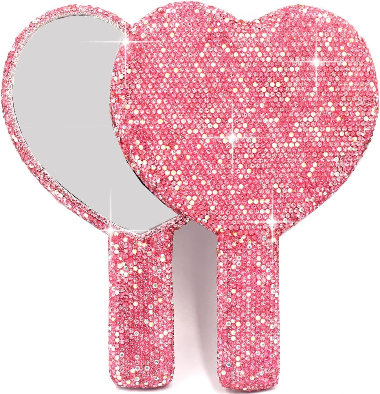 Bling Rhinestone Heart Handheld Mirror - Portable & Dazzling Makeup Mirror for On-The-Go Touch-ups (Plastic Pink)