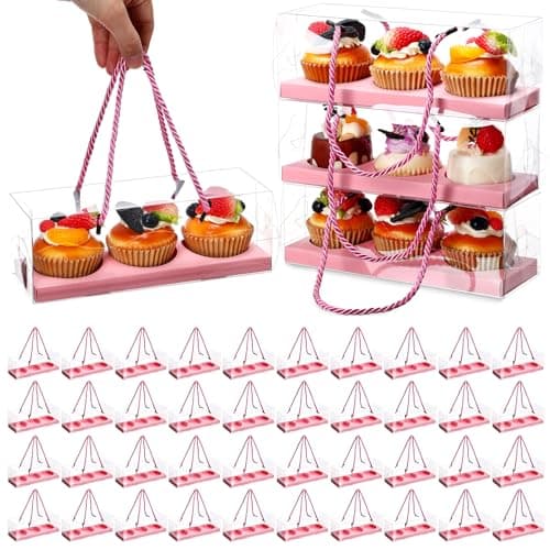 Thenshop 40 Pcs Clear Cupcake Boxes 9 x 3 x 3 Inch Rectangular Cupcake Containers 3 Compartments Pastry Packaging Cookies Gift Box with Rope Handle for Graduation Gifts Birthday Wedding Party(Pink)