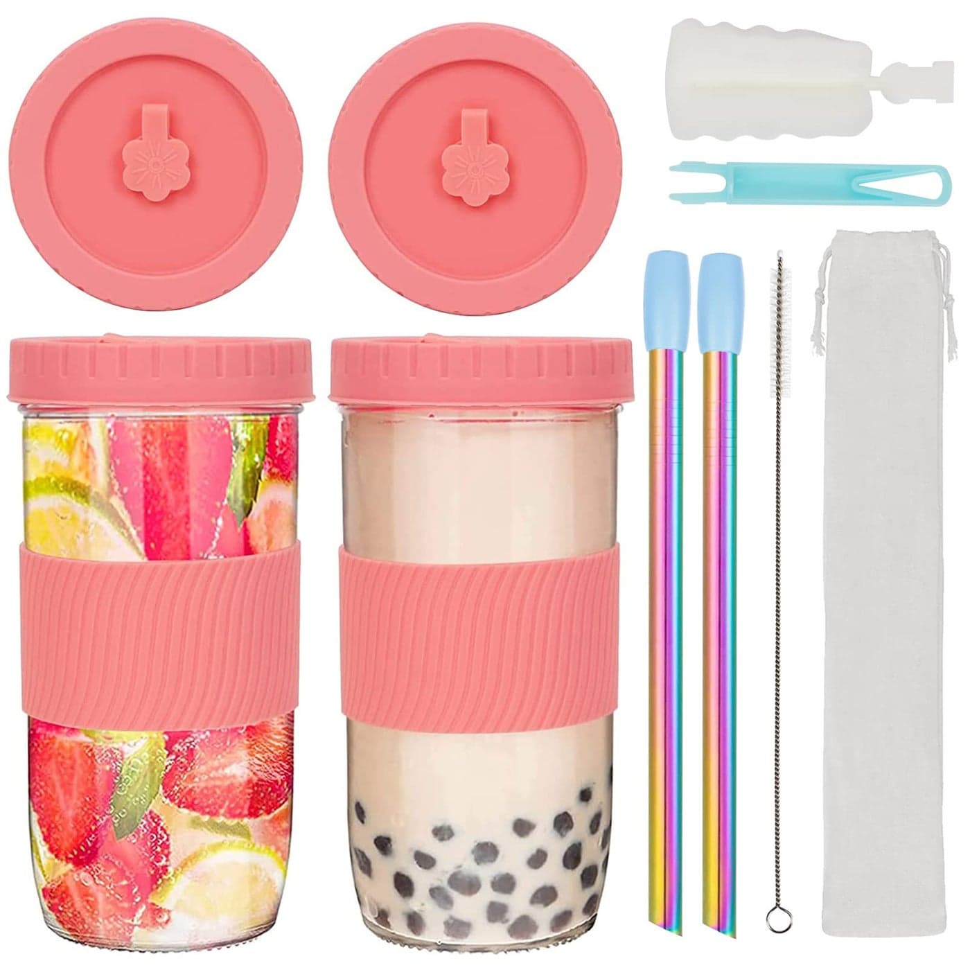UHAPEER 2 Pack Reusable Tea Cups 24oz Glass with Lids and Straws Silicone Sleeves Ideal for Boba Coffee Smoothies and Juicing