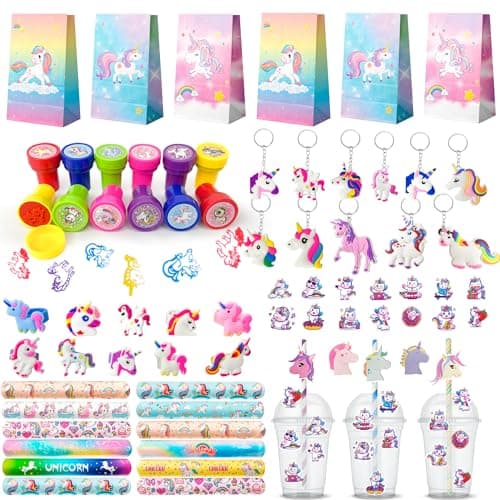 Fruitful Jewelry 134pcs Unicorn Birthday Party Favors Set Unicorns Goodie Bags Bracelet Stickers Keychain Stampers Rings etc for Unicorn Birthday Party Decorations