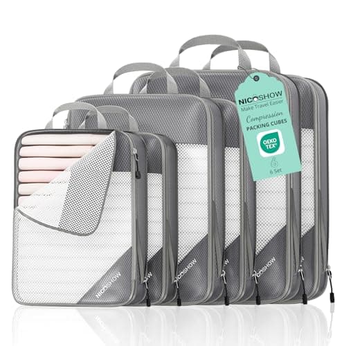 NICOSHOW 6 Set Compression Packing Cubes for Travel - Compressible, Lightweight, and Space-Saving Packing Cubes, Travel Essentials for Women, Grey