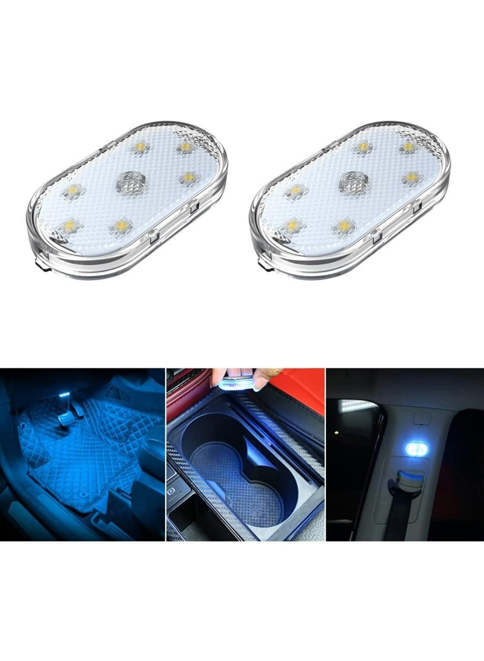 2 PCS Car Led Lights Interior,Ice Blue Ambient Lighting Car Interior,USB Rechargeable Car Interior Reading Light,Portable Led Lights for Car
