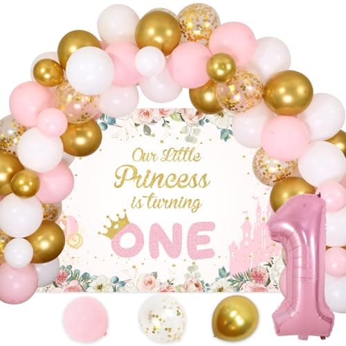 Little Princess 1st Birthday Decorations for Girls Pink White and Gold Balloon Arch Kit Pink 1 Balloon for First Birthday Our Little Princess Is Turning One Backdrop for Oen Year Old Girl