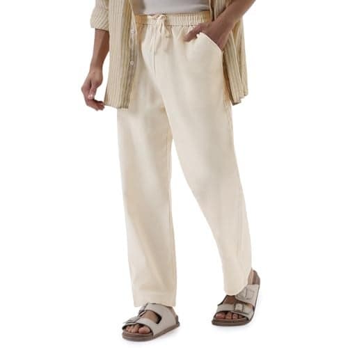Urbano Fashion Men's Cream Loose Fit Solid Linen Blend Trousers Non-Stretchable (troulinloose-cream-32)