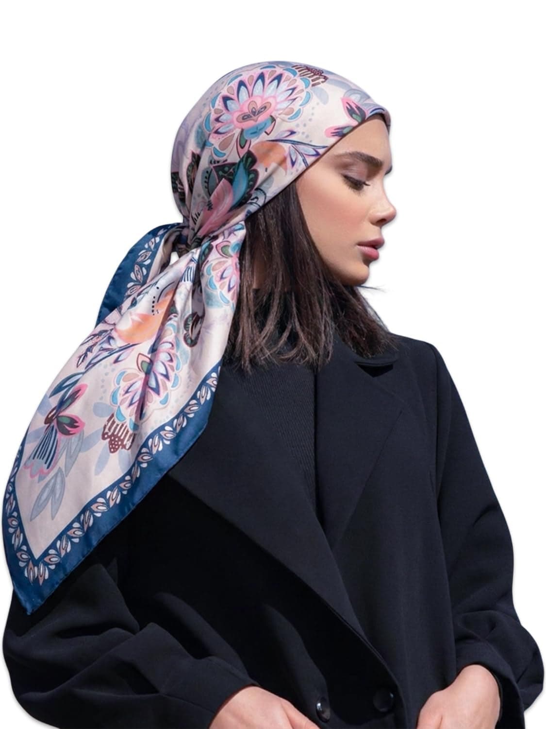 leeza store Women's Silk Scarf For Women – Soft Cream Digital Printed Floral Folk Art, 40"X40" Stylish Stole & Headscarf