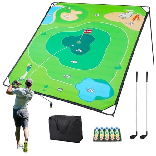 KULAMOON Golf Chipping Game Set 71x71 Outdoor Portable Sticky Golf Game Indoor Chipping Practice with 2 Adjustable Clubs 20 Sticky Balls for Young Adults Fathers Golfers Family Backyard