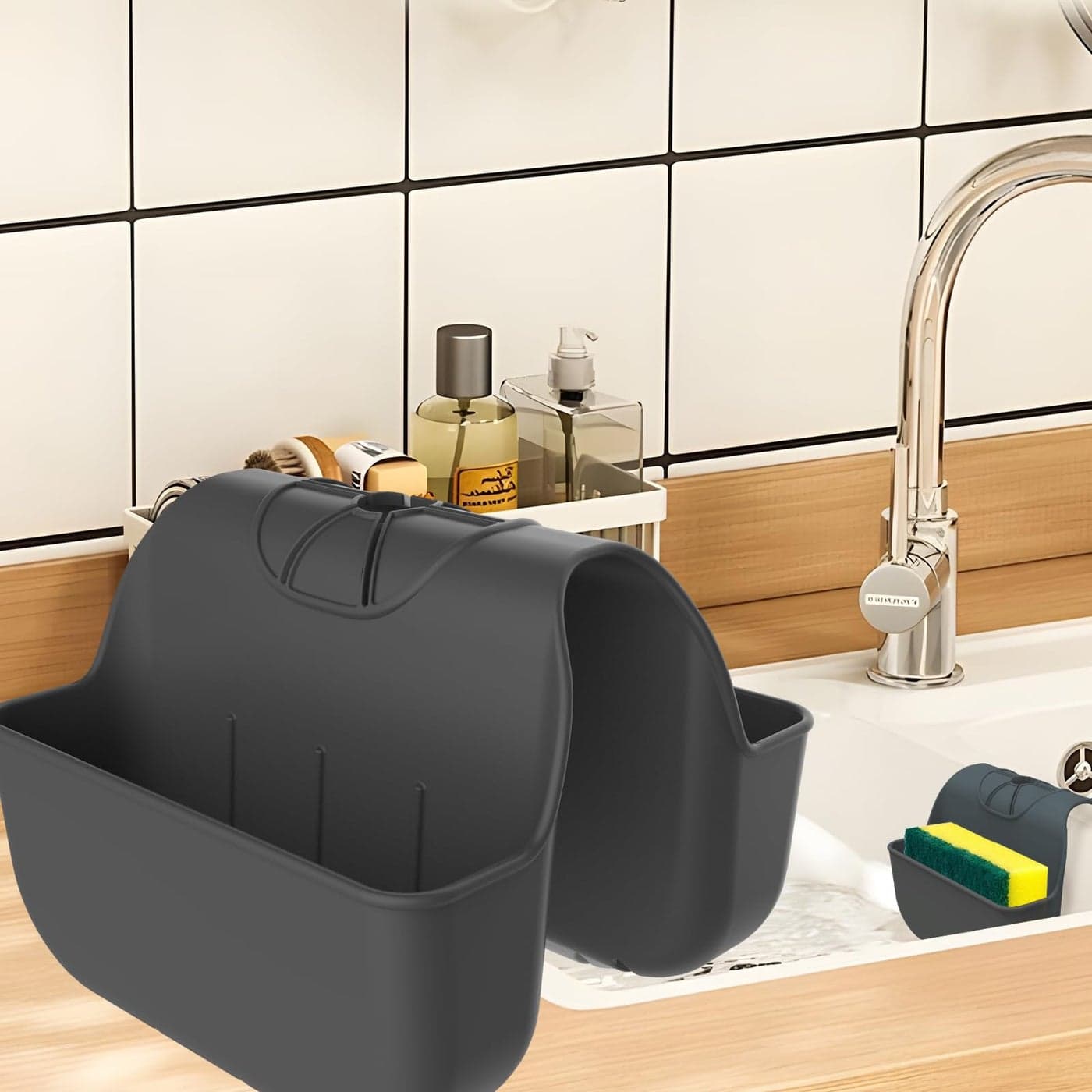 OKeanu Sponge Holder for Kitchen Sink Silicone Sink Saddle Caddy Organizer Rack Sponges Holder Over Faucet Hanging Kitchen Organizer Accessories Rack BasketBlack