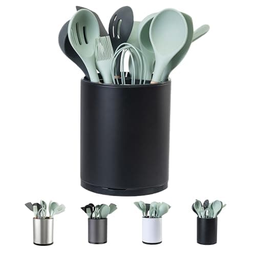 LIBODOUR Kitchen Utensil Holder Extra Large 360°Rotating For Counter Organizer Stainless Steel Storage Cooking Silverware Caddy 3 Compartment Flatware Spoon Spatula Tool Cutlery Container(Black)
