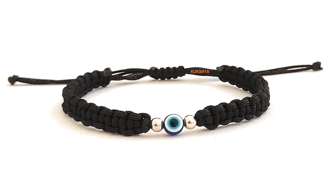 KUKSHYA JEWELLERS 925 Sterling Silver 2 ball + Evil Eye Charm Thread(Dhaga) Bracelet Nazariya Adjustable| Nazar Battu For Girls Boy, Men & Women (GB 083) (Black)