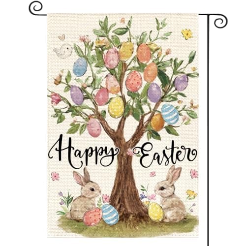 AVOIN colorlife Happy Easter Garden Flag 12x18 Inch Double Sided Outside Easter Eggs Tree Bunny Holiday Yard Outdoor Flag