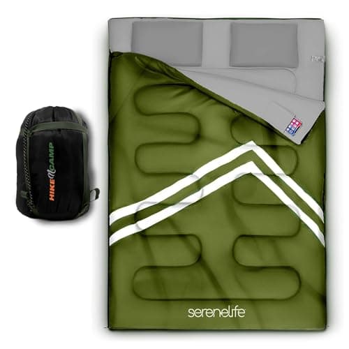 Backpacking Sleeping Bag Camping Gear - Double Sleeping Bag for Adults/Teens W/ 2 Pillows, Bag - Outdoor Lightweight Weather Proof Sleeping Bags for Camping, Backpacking, Hiking - SereneLife SLSBX9