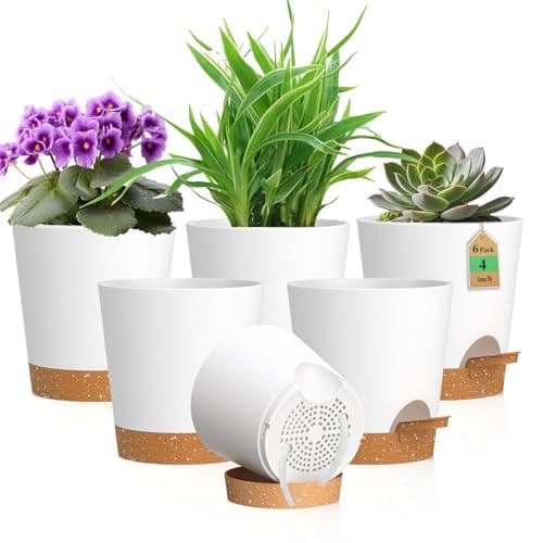 WSMKSZ 4 inch Self Watering Pots for Indoor Outdoor Plants 6 Pack Plastic Flower Planters with Drainage Holes and Removable Saucers Plant Pots with Wicking Rope Modern Decor White Brown