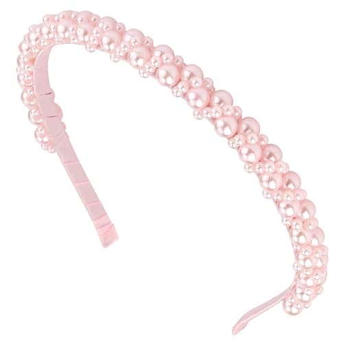 Hapdoo Pink Pearl Headbands for Women Girls Cute Beads Headband with Faux Pearl for Wedding Bride Fashion Beaded Bling Hairbands Hair Hoop Accessories for Birthday