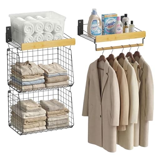 CACHOLIV Wall Mounted Laundry Room Shelves, Wire Baskets with 8 Hooks and Hanging Rod, Over The Washer and Dryer Shelf, Drying Rack, Laundry Room Organizer and Storage, 2 Pack Black