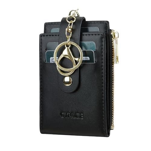 Cynure Women Leather RFID Blocking Card Holder Slim Small Zipper Keychain Front Pocket Wallet with 2 ID Window, 1-plain black