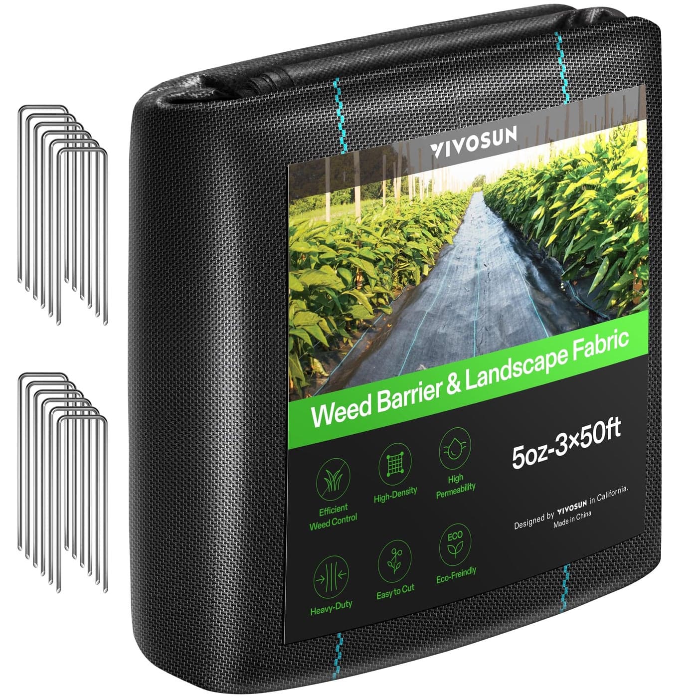 VIVOSUN Premium Weed Barrier Landscape Fabric Heavy Duty 3ftx50ft 5oz DoubleLayered Weed Control Mat with High Permeability with 12 Landscape Staples Easy Set up Superior Weed Control