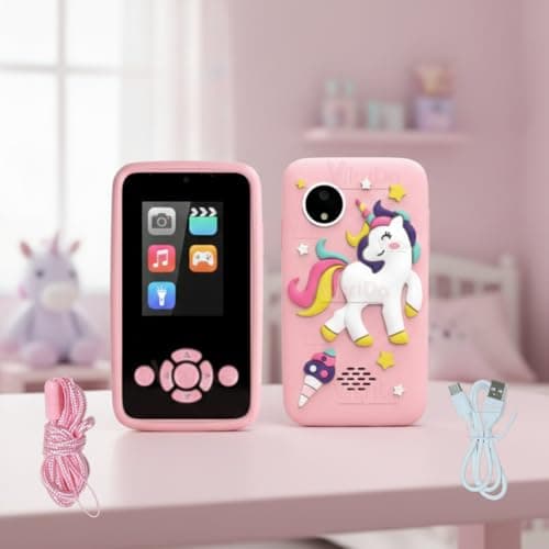 Vikrida Plastic Kids Smartphone Toy with MP3 Music Player Bumper Back Case Dual Camera for Selfies in-Built Games 2.4" Screen 8MP Camera Toys for Boys & Girls (Pink Uni)