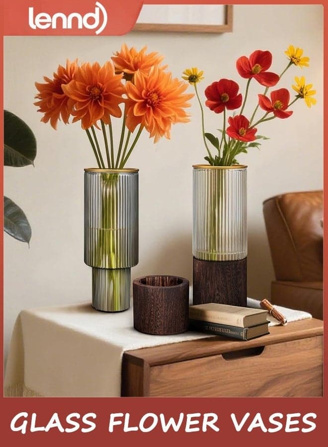 Glass Flower Vases,Vase for Flowers,Artistic Wood Glass Vase,Wooden Base Cylindrical Flower Vase,Luxury Flower Centerpiece Vases,Modern Glass Vase for Home Decor (Grey-L-12x25cm)