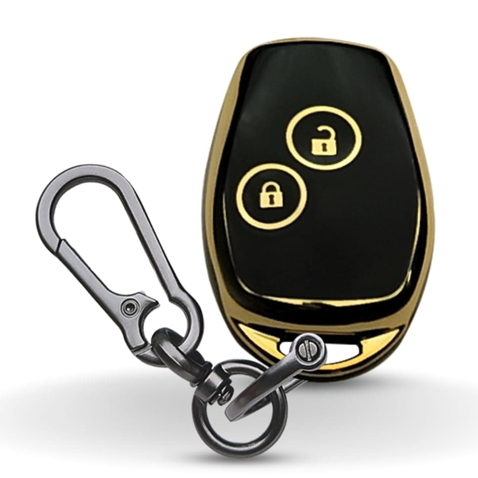 KEYCEPT Gold Line TPU Key Cover Compatible with Renault Logan | Duster | Verito | Lodgy | 2 Button Key with Keychain. (Type 1, Black)
