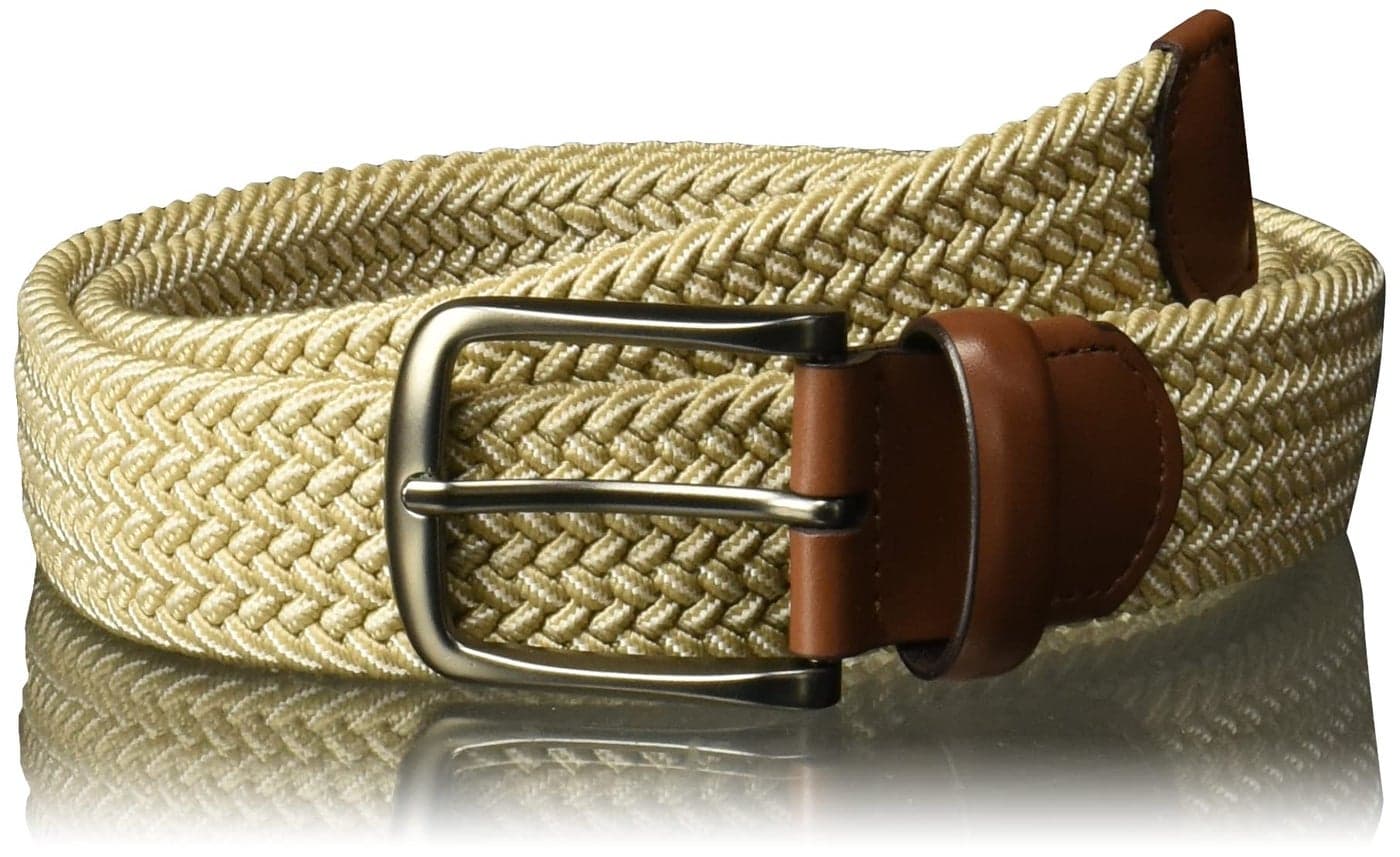 Perry Men's Woven Belt with Stretch Leather-Trim Fabric, Khaki, Large (38 - 40)