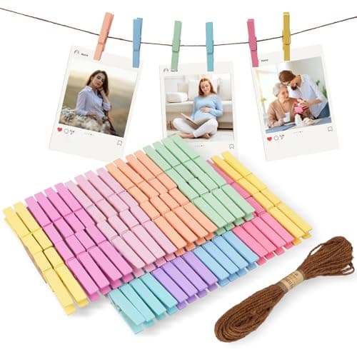 Colored Clothespins 72 Pack, Natural Wood Pins 2.9 Inch, 9 Pastel Colored Clothes Pins Cheer Pins for Hanging Clothes, Photo Clips with Rope, Hand Craft DIY Pins