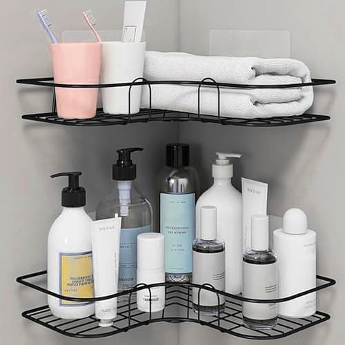 RACKORA Bathroom Metal Organiser Without Drill Corner Shelf Adhesive Stand | Holder for Bathroom Accessories (Pack of 2, Black)