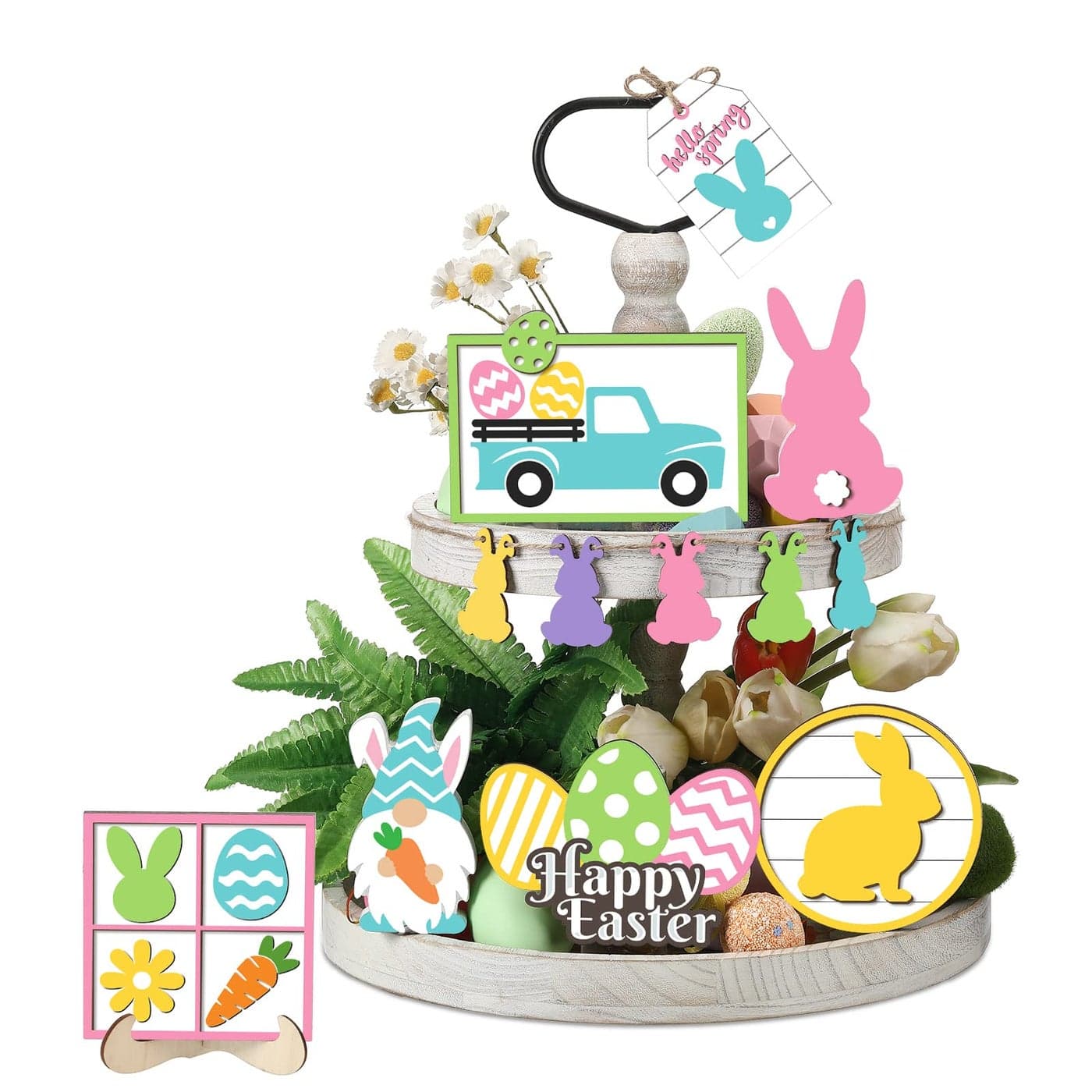 Jetec Tray Decor 12pcs Bunny Easter Tiered Signs Wood Gnome Truck Flower Farmhouse Kitchen Decorations Green Yellow Tray not Included