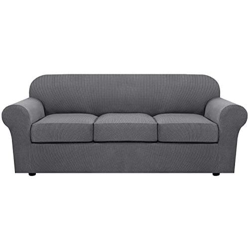 H.VERSAILTEX 4 Piece Stretch Sofa Covers for 3 Cushion Couch Covers for Living Room Furniture Slipcovers (Base Cover Plus 3 Seat Cushion Covers) Upgraded Thicker Jacquard Fabric (Sofa, Grey)