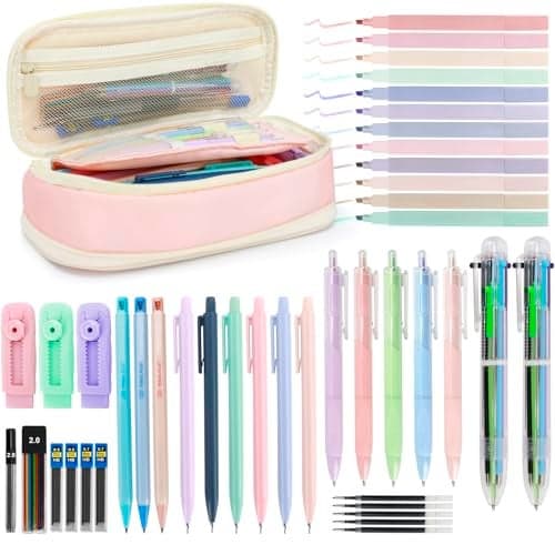 JEVONI 43 PCs Aesthetic School Supplies Kit Art Study Set with Pink Pencil Case 050720mm Mechanical Pencils 6Color Ballpoint Pens Black Ink Gel Pens 12 Pastel Highlighters