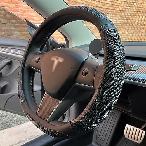 PINCTROT Great Grip Steering Wheel Cover for Tesla Model Y/3 2016-2025 2026 Highland/Juniper, D Shaped 14 Inch Small Sized, Flat Bottom with 3D Honeycomb Anti-Slip Design (Great Grip Black)