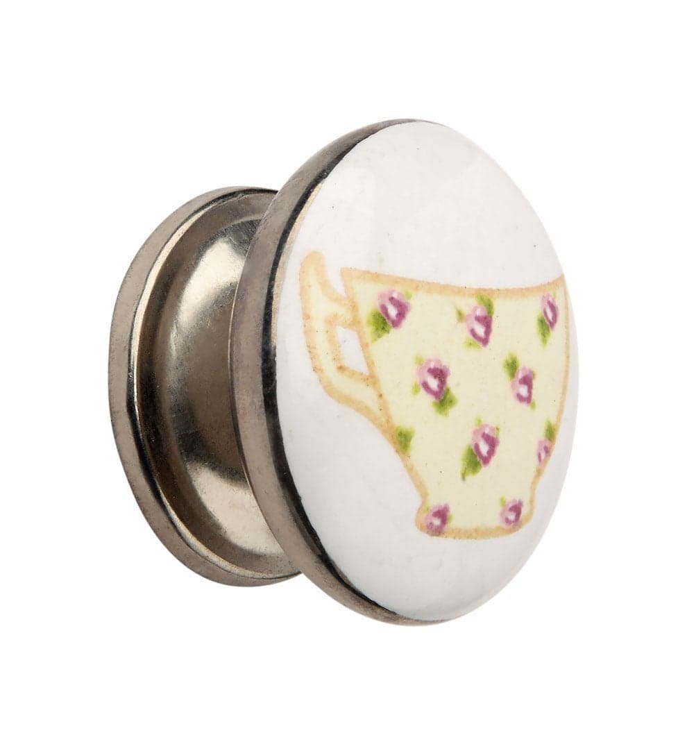 HOBKNOBS Ceramic Tea Cup Cabinet Drawers/Wardrobe/Kitchen Door Pull Handle Knobs - White & Cream with Red Flowers.