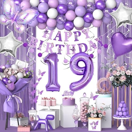 19th Purple Birthday Decorations for Women Purple Pink 19th Birthday Decorations Butterfly Theme Lavender Party Decor Set with Number Balloons Banner Sash Butterfly Stickers
