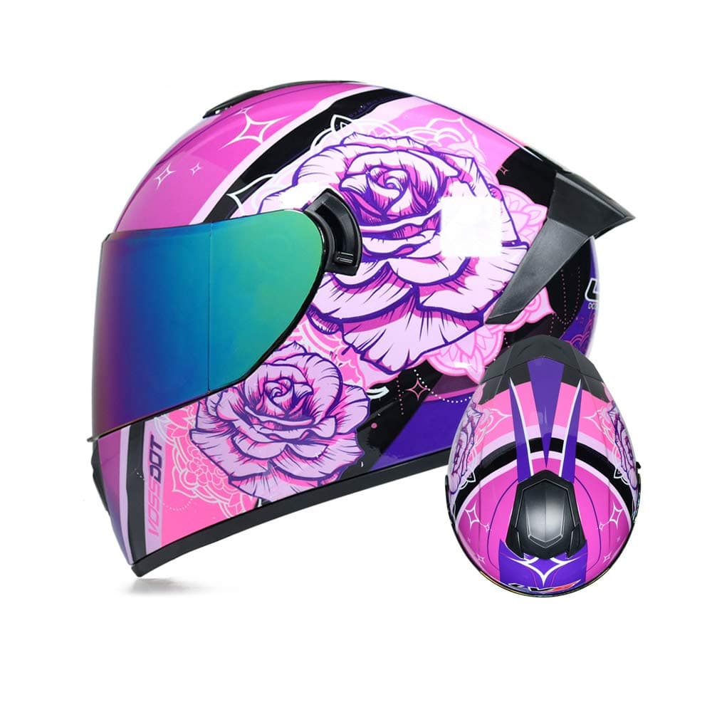 TRIPERSON Full Face Motorcycle Helmet DOT Approved Motorbike Moped Street Bike Racing Crash Helmet Men and Women Rose Color Mirror Medium