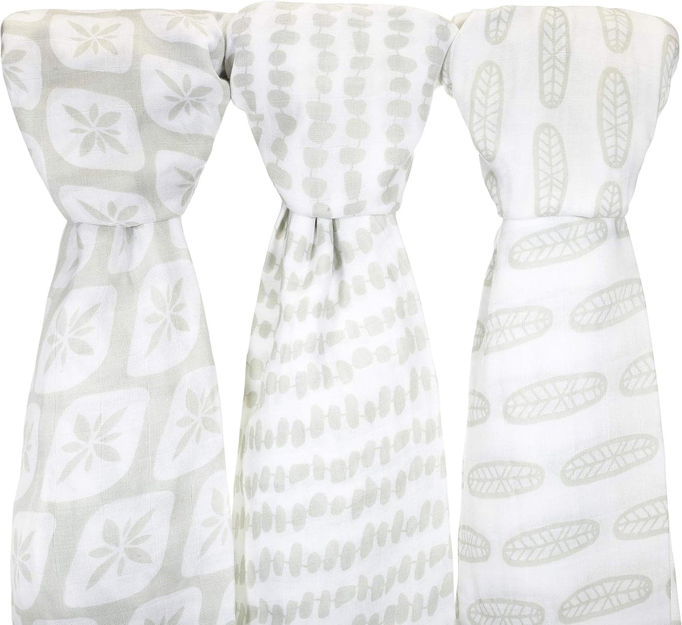 Muslin Cotton Baby Swaddle Blankets Large 3 Pack Sage Green White HandDrawn