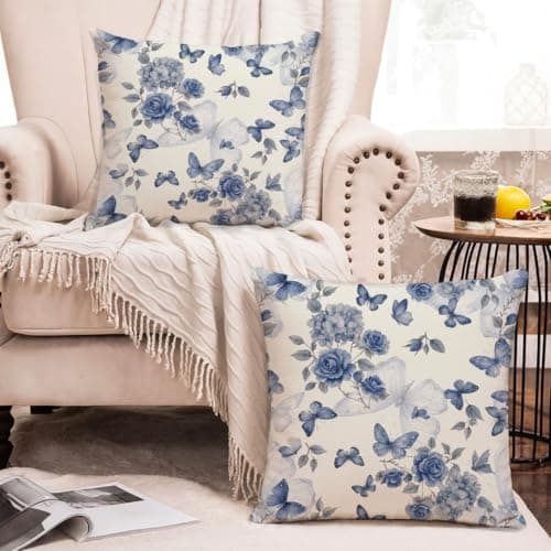 Jaipur Weaves Cushion Cover 16 Inch X 16 Inch - Set of 2, Butterfly Print 180 GSM Decorative Soft Cushion Covers for Sofa/Bed/Chair, Gift for Home Decor (Blue Butterfly, 2)