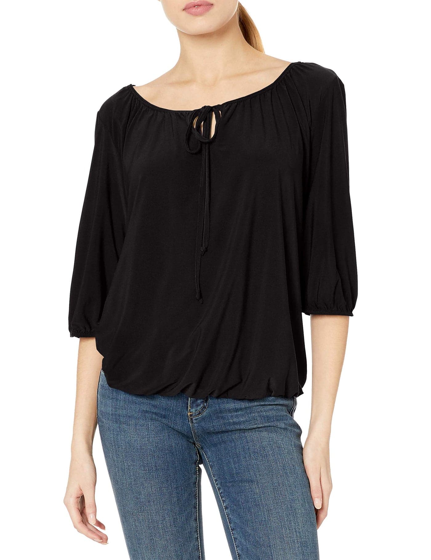 Star Vixen Women's Elbow Sleeve Elastic Hem Peasant Top with Keyhole Tie, Black, Medium