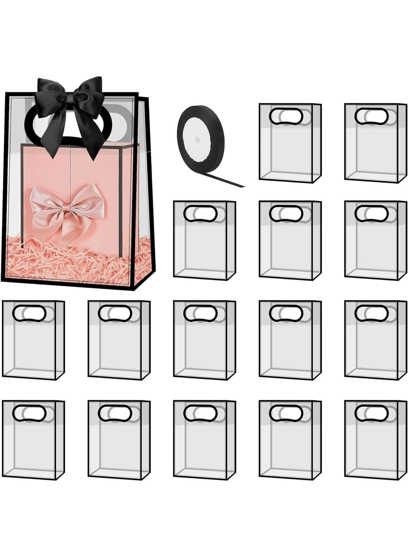 15 PCS Gift Bags with Handles, Reusable Clear Plastic Gift Bags With Ribbon, Clear Party Favor Bags for Christmas, Wedding, Birthday Party and Baby Shower (Black)